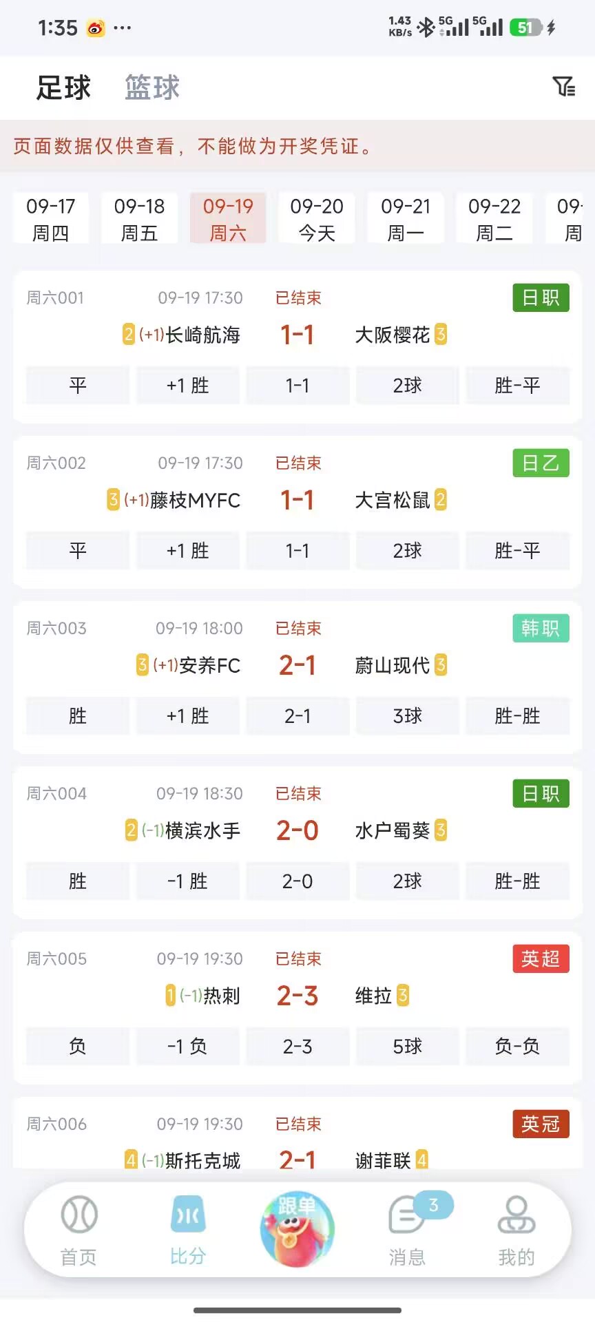 鸿裕助手比分页界面，按日期切换赛程与竞彩数据